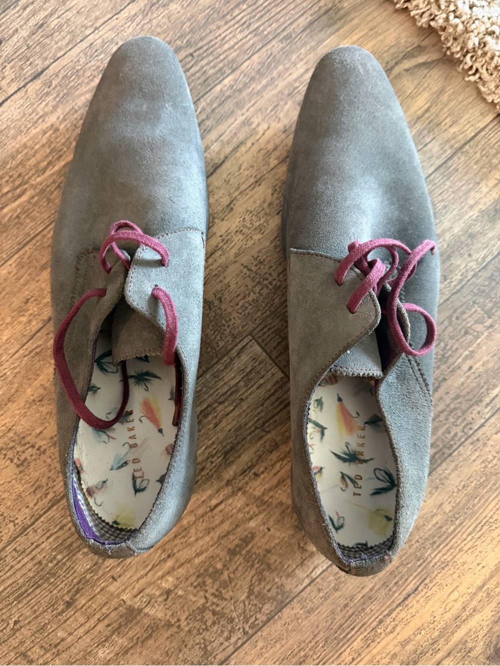 Ted Baker London Taupe Suede Oxfords with Burgundy Laces